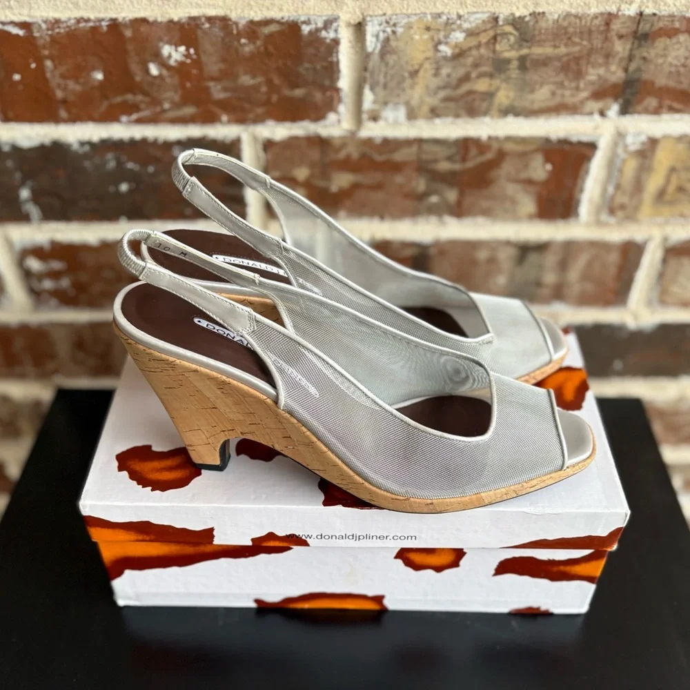 Donald J. Pliner Silver Metal Mesh Natural Cork Slingback Sandals Size 10